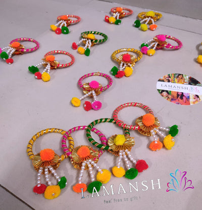 LAMANSH Gota chudi bangles LAMANSH® (Size : 2-6 ) Floral Pom Pom 🌸 Gota Bangles set for wedding Favors / Haldi Mehendi Favors for Bridesmaid