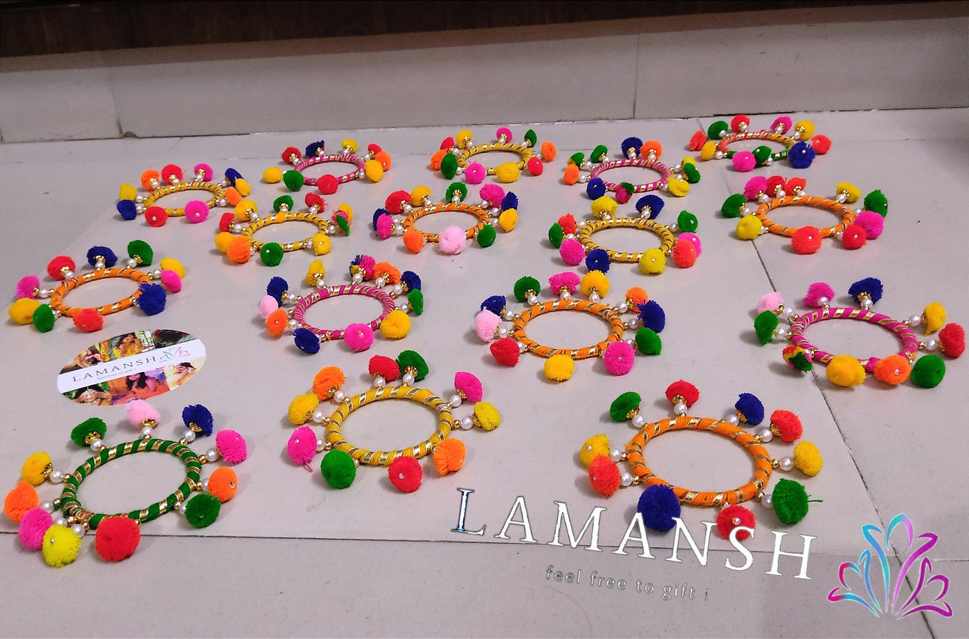 LAMANSH Gota chudi bangles LAMANSH® (Size : 2-6) Pom Pom Flower 🌺 Gota Bangles set for wedding Favors / Haldi Mehendi Favors for Bridesmaid