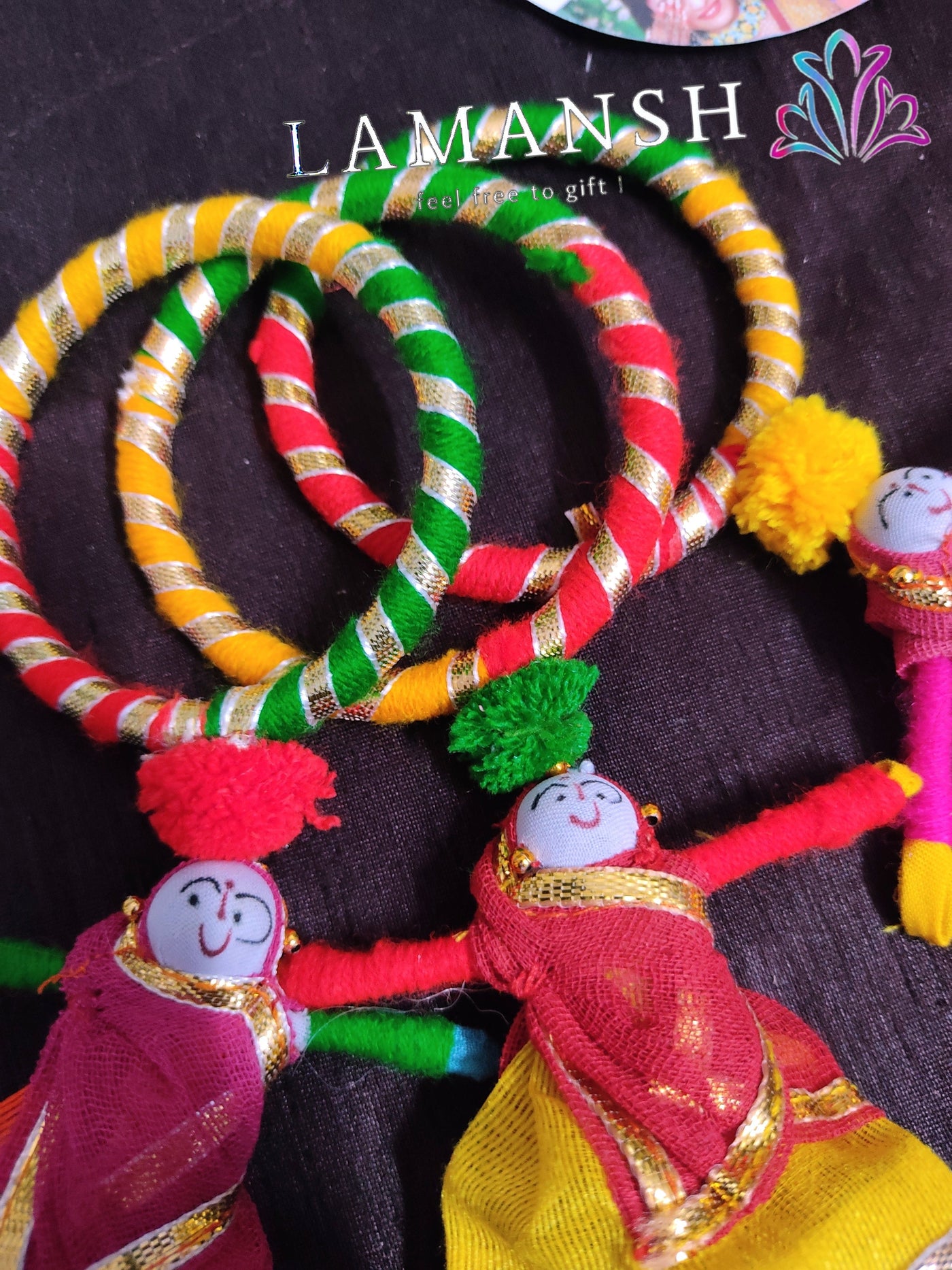 LAMANSH Gota chudi bangles Multi colour / 50 Gota Bangles with Puppet Latkan LAMANSH® (Set of 50 pcs) Female Rani Puppet Gota Hathphool Bangles set /Mehendi Favors for Bridesmaid
