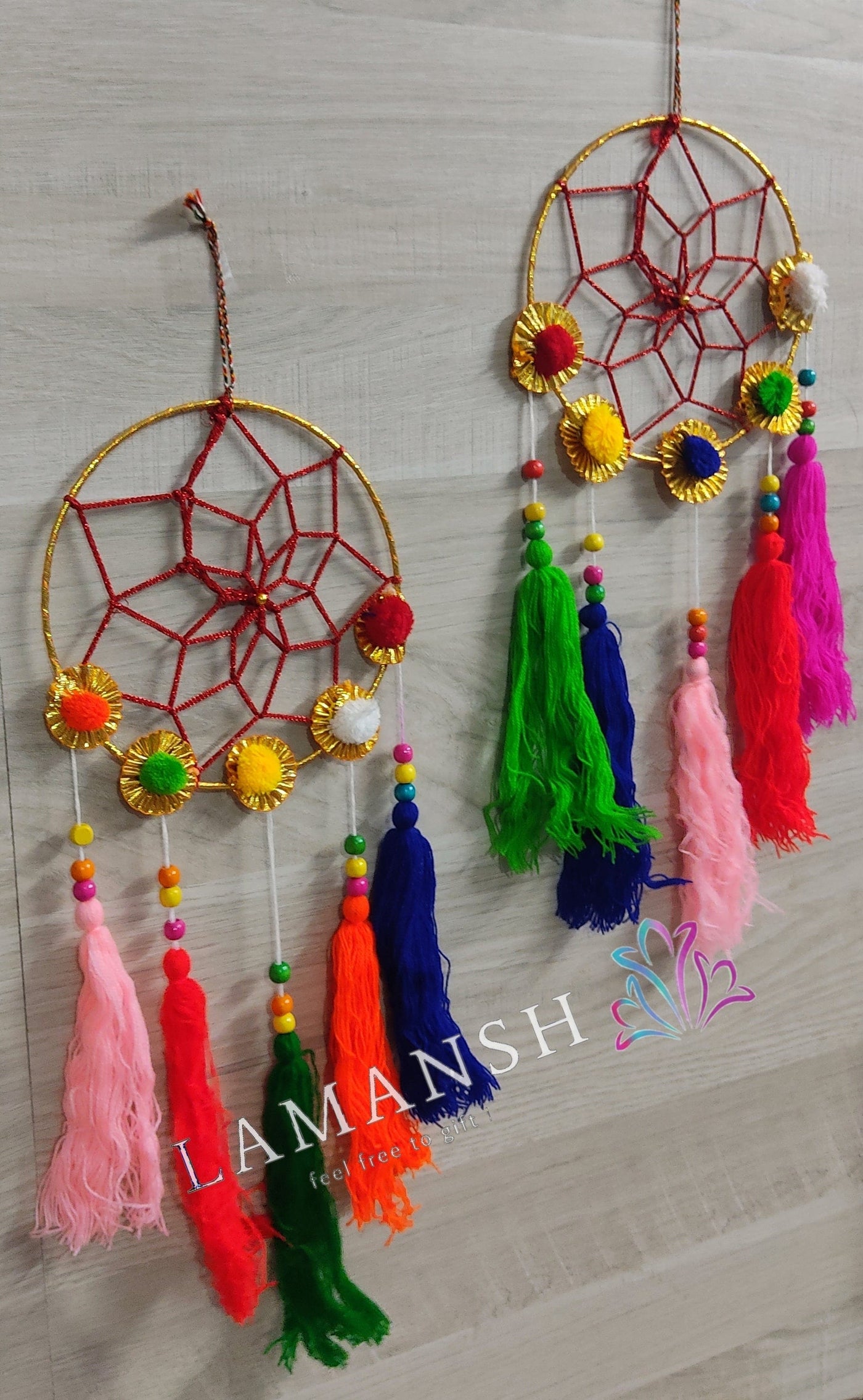 Lamansh gotta hangings Assorted colors / Gota & Woolen Tassels / 10 LAMANSH® Pack of 10 Decorative Round Gota Tassels hangings for indian wedding decoration & backdrops / ethnic event decoration products