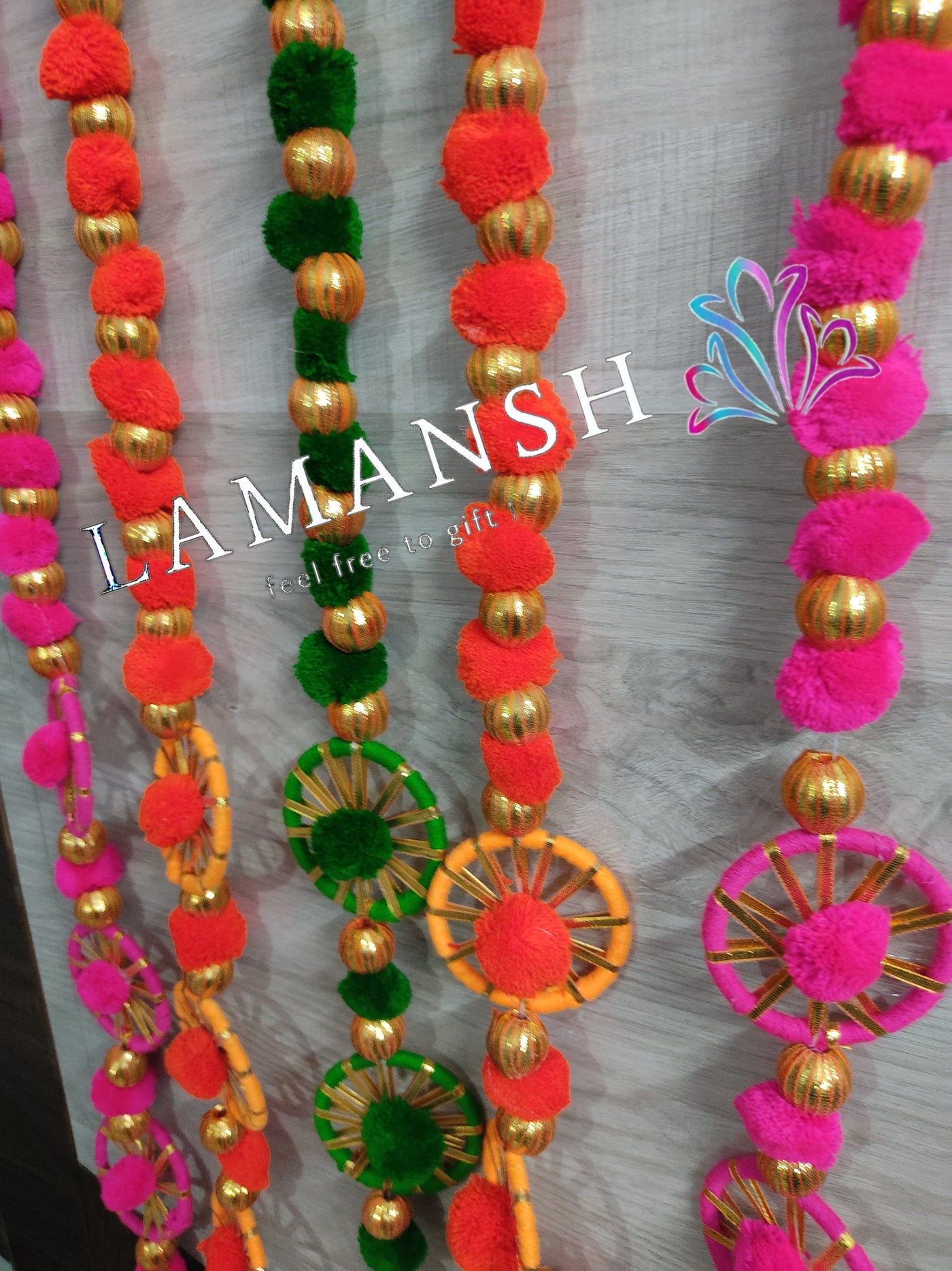 Lamansh gotta hangings Assorted colors / Gota , Woolen Tassels & other craft materials / 10 LAMANSH® 3 ft each Pack of 10 Decorative Round Gota Ring Chakri hangings with Bells & Pom Poms for indian wedding decoration & backdrops / ethnic event decoration products for Diwali