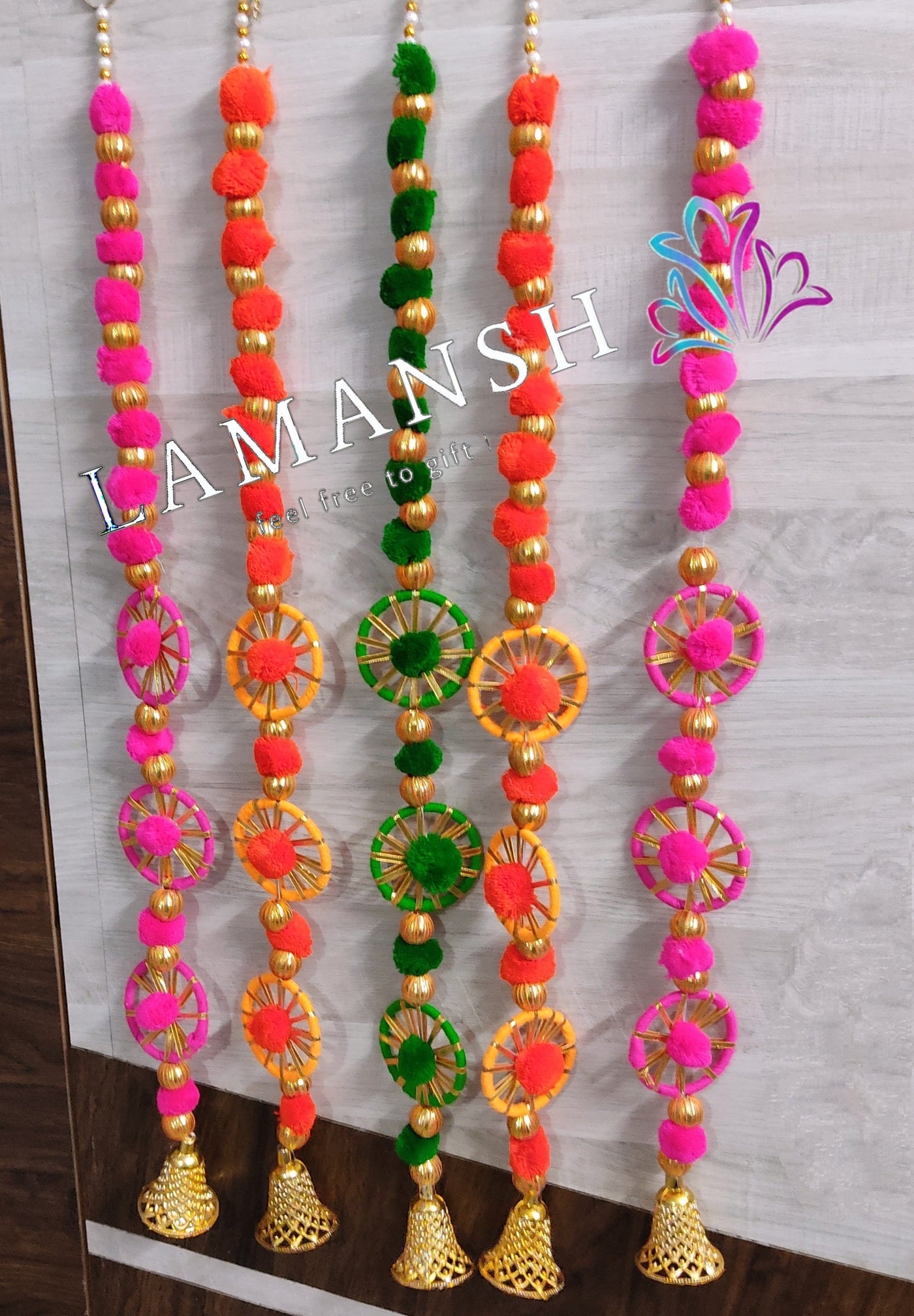 Lamansh gotta hangings Assorted colors / Gota , Woolen Tassels & other craft materials / 10 LAMANSH® 3 ft each Pack of 10 Decorative Round Gota Ring Chakri hangings with Bells & Pom Poms for indian wedding decoration & backdrops / ethnic event decoration products for Diwali
