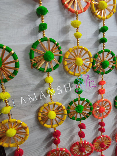 Lamansh gotta hangings Assorted colors / Gota , Woolen Tassels & other craft materials / 10 LAMANSH® 3 ft each Pack of 10 Decorative Round Gota Ring Chakri hangings with Tassels & Pom Poms for indian wedding decoration & backdrops / ethnic event decoration products for Diwali