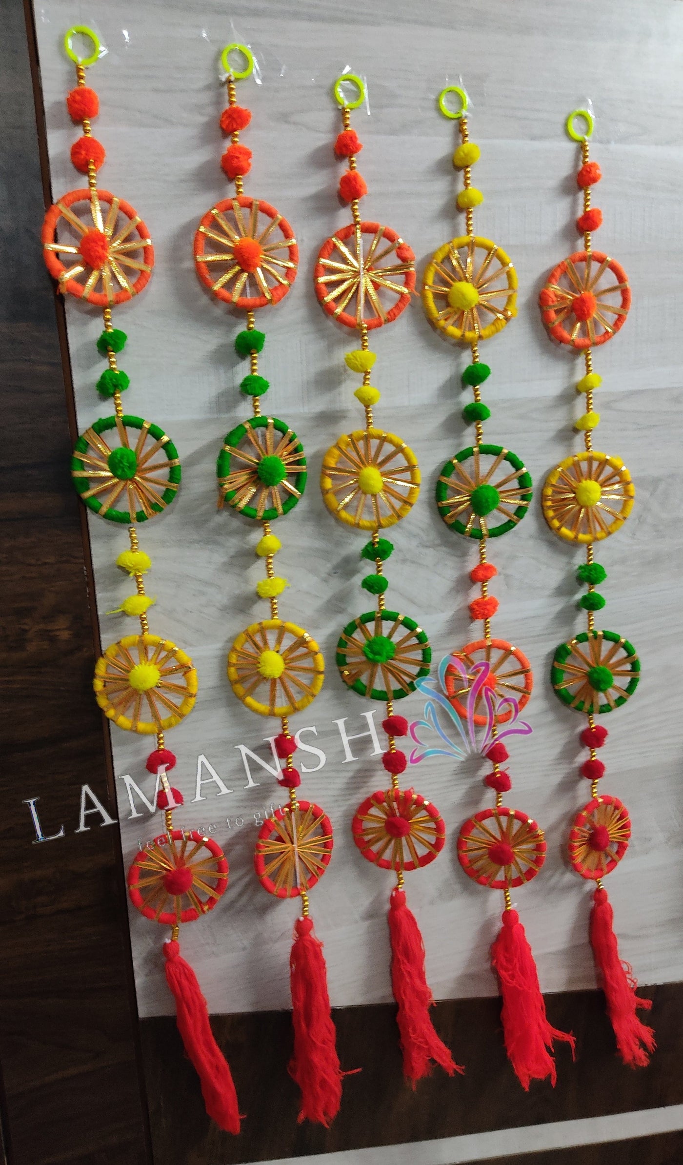 Lamansh gotta hangings Assorted colors / Gota , Woolen Tassels & other craft materials / 10 LAMANSH® 3 ft each Pack of 10 Decorative Round Gota Ring Chakri hangings with Tassels & Pom Poms for indian wedding decoration & backdrops / ethnic event decoration products for Diwali