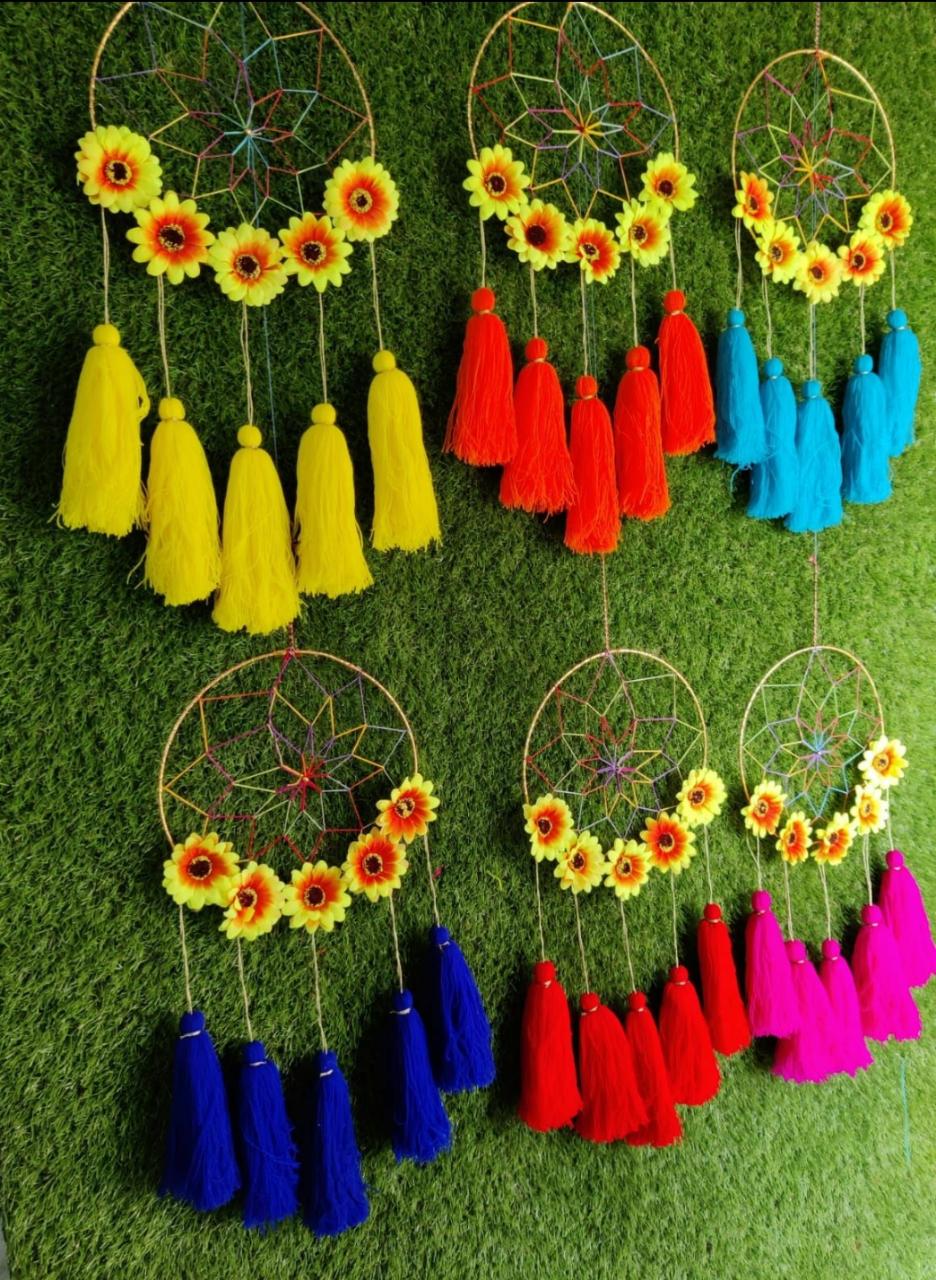 Lamansh gotta hangings with tassels Assorted colors / Gota & Woolen Tassels / 10 LAMANSH® Pack of 10 Decorative Sunflower Round Tassels hangings for indian wedding decoration & backdrops / ethnic event decoration products