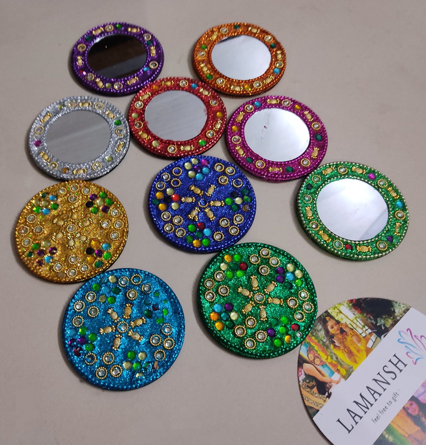 LAMANSH Hand Mirrors for gifting Assorted colors / Lakh work / Standard LAMANSH® (Pack of 200) Small Size Round Pocket Lac work Mirrors for Giveaways / Haldi Mehendi Pooja Wedding Gifts 🎁favors