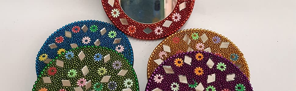 LAMANSH Hand Mirrors for gifting Assorted colors / Lakh work / Standard LAMANSH® (Pack of 50) Small Size Round Pocket Lac work Mirrors for Giveaways / Haldi Mehendi Pooja Wedding Gifts 🎁favors
