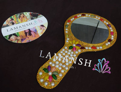 LAMANSH Hand Mirrors for gifting Multicolour / Lakh work / 20 cm * 10 cm LAMANSH® (Pack of 1) Lakh Work  Round Handheld Purse Mirror for Women and Men, Ergonomic Compact Magnifying Hand Mirror for Makeup, Handy Mirror for Travel with Durable Handle, Shell Color / Perfect for Gifting 🎁