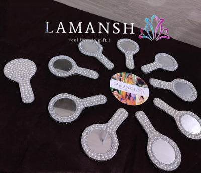 LAMANSH Hand Mirrors for gifting Silver / Lakh work / Standard LAMANSH® (Pack of 20) Small Size Round Handheld Purse Mirror for Women and Men, Ergonomic Compact Magnifying Hand Mirror for Makeup, Handy Mirror for Travel with Durable Handle, Shell Color / Perfect for Gifting 🎁