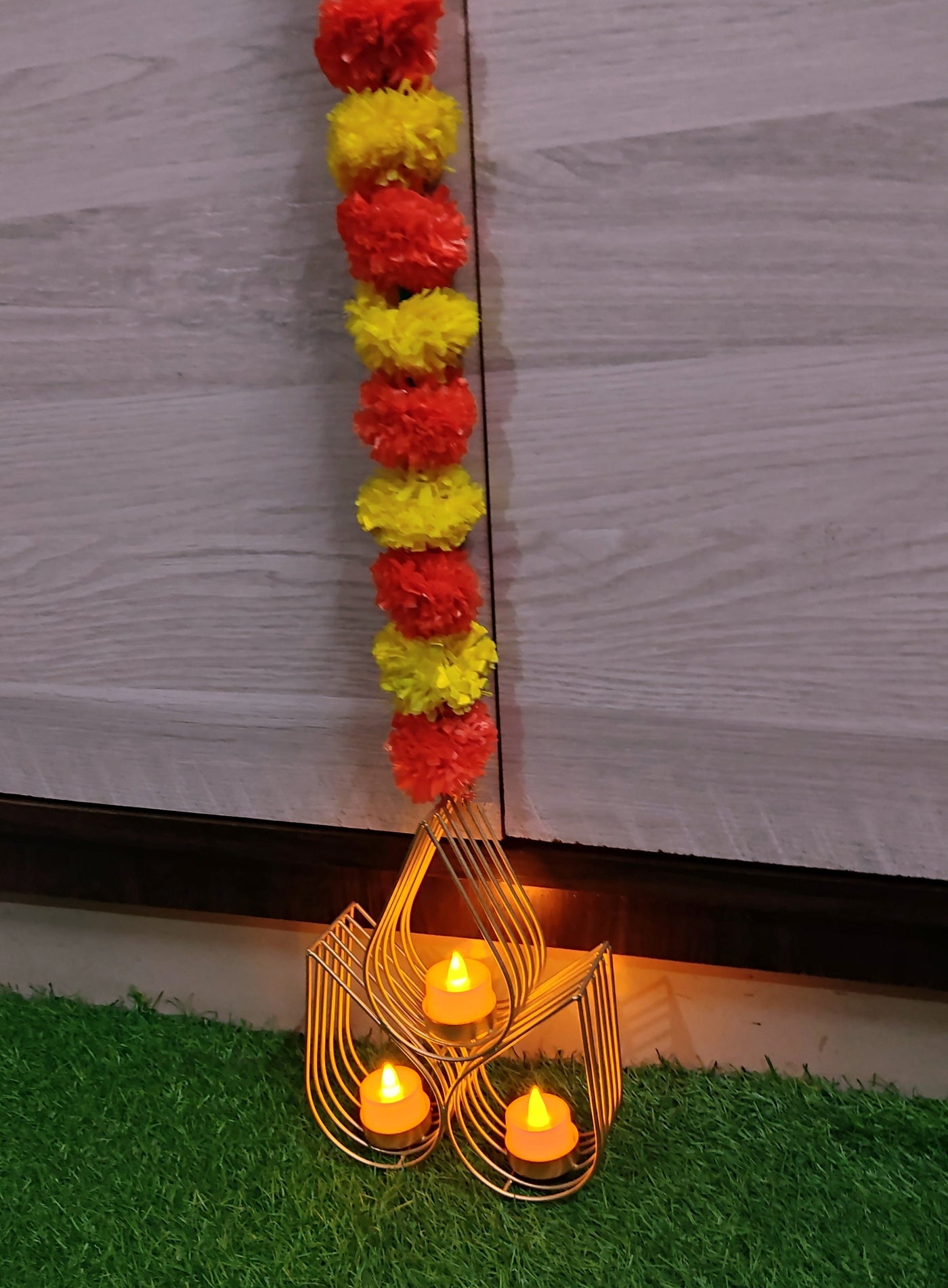 Lamansh hanging candle holder 5 LAMANSH® ( Pack of 5 , 5 feet Height ) Gold Plated Candle Holder attached to Marigold Garland hanging / Wall Hanging Metal Wall Candle holder for Diwali Lighting Home Decoration / Ganpati Mandap & Pooja Wall decoration