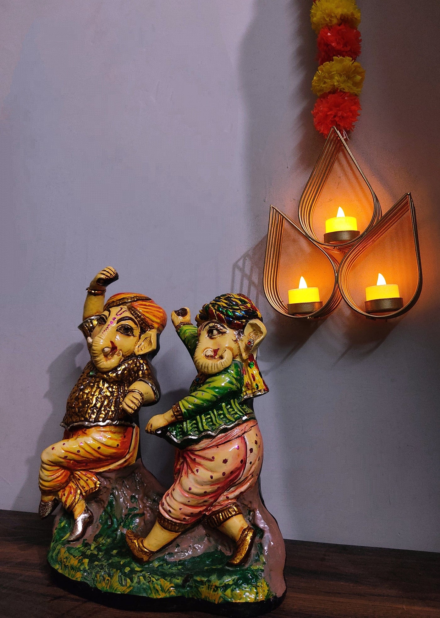 Lamansh hanging candle holder 5 LAMANSH® ( Pack of 5 , 5 feet Height ) Gold Plated Candle Holder attached to Marigold Garland hanging / Wall Hanging Metal Wall Candle holder for Diwali Lighting Home Decoration / Ganpati Mandap & Pooja Wall decoration