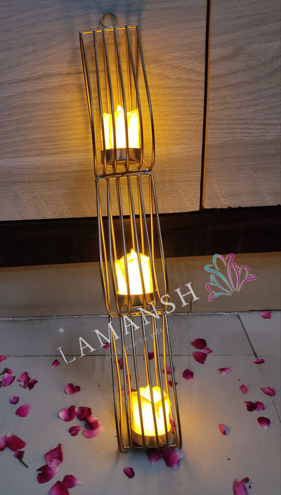 Lamansh hanging candle holder LAMANSH® (18×4 inch) Metal Wall Hanging Gold Tealight Candle Holder Metal Wall Hanger Diya Stand for Diwali Lighting Home Decoration / Navratri Ganpati Mandap & Pooja Wall decoration