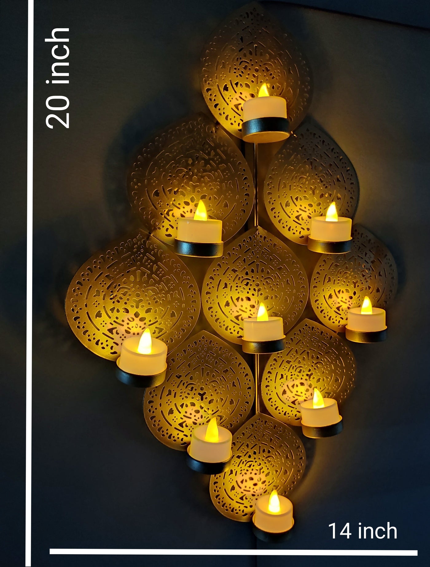 Lamansh hanging candle holder LAMANSH® (20×14 inch) Leaf Tea Light Candle holder Metal Frame Wall Candle holder/ Metal Wall Handicrafts for Christmas Decor / Ganpati Mandap Diwali & Pooja Wall decoration (LED CANDLES INCLUDED)