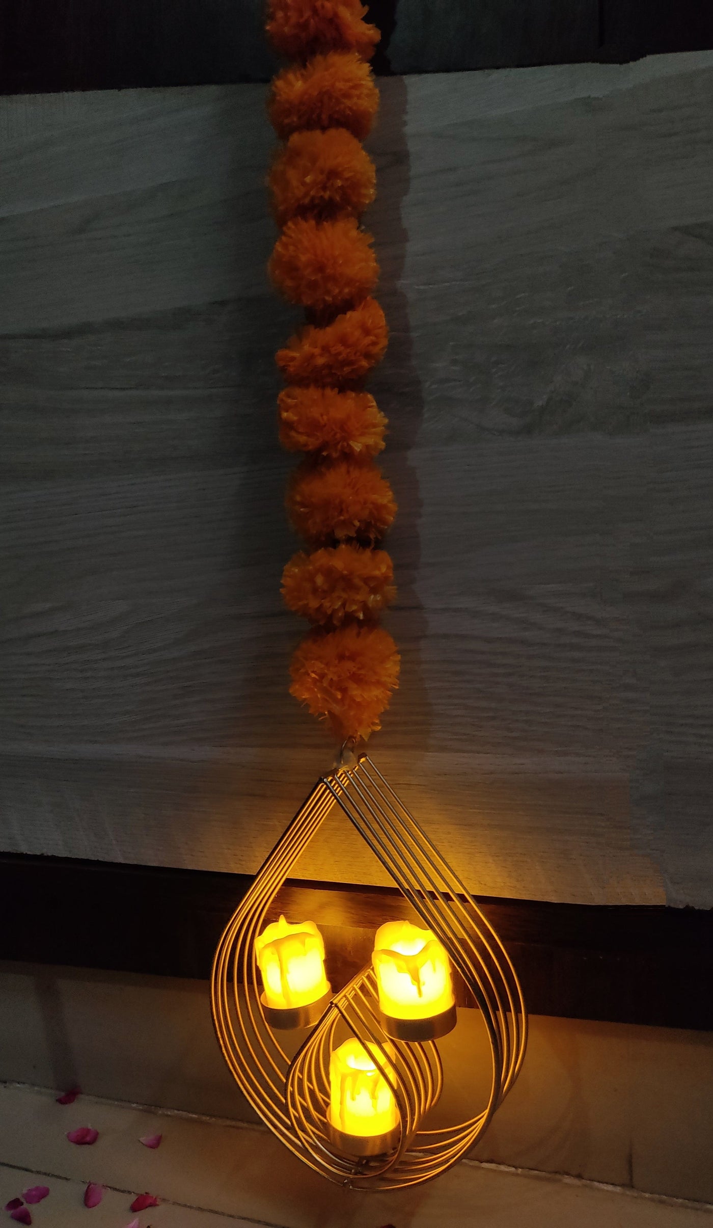 Lamansh hanging candle holder LAMANSH® 5 ft Gold Plated Decorative Metal Candle Holder attached to Marigold Garland hanging / Wall Hanging Metal Diya stand for Diwali Lighting Home Decoration / Ganpati Navratri Mandap & Pooja Wall decoration