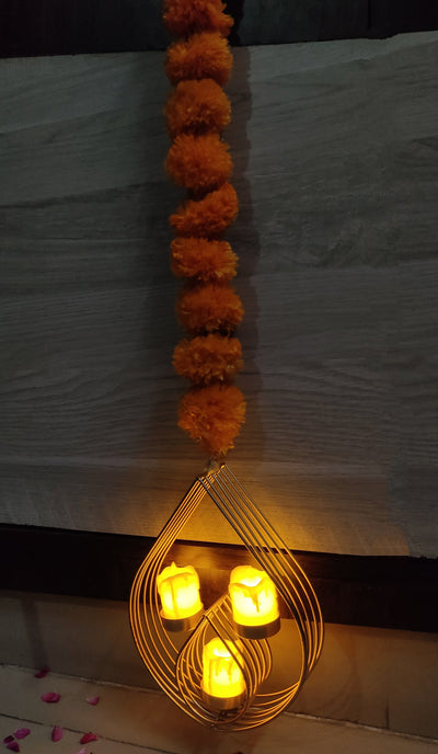 Lamansh hanging candle holder LAMANSH® 5 ft Gold Plated Decorative Metal Candle Holder attached to Marigold Garland hanging / Wall Hanging Metal Diya stand for Diwali Lighting Home Decoration / Ganpati Navratri Mandap & Pooja Wall decoration
