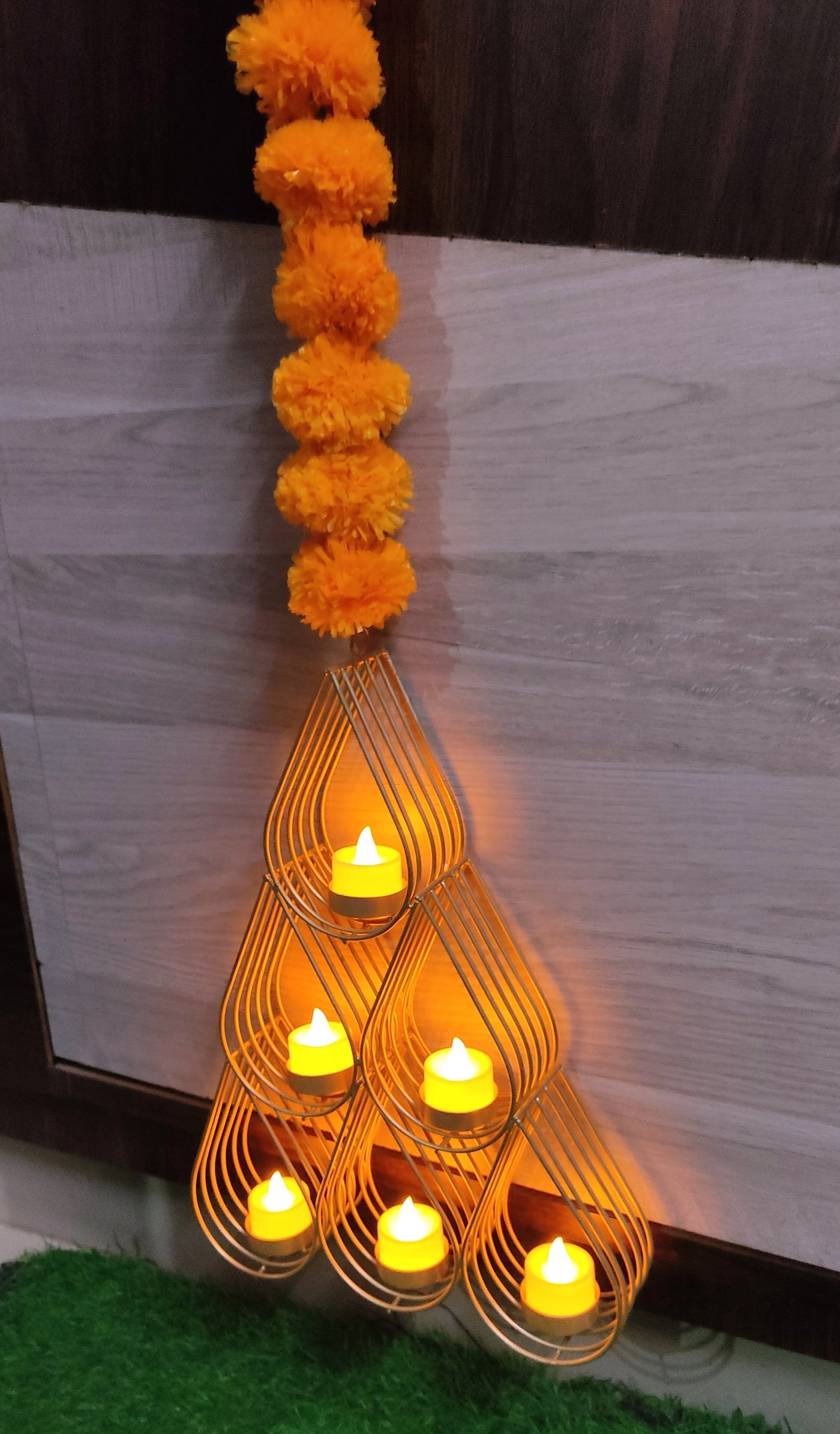 Lamansh hanging candle holder LAMANSH® 6 ft Metal Candle Holder attached to Marigold Garland hanging / Wall Hanging Metal Wall Candle holder for Diwali Lighting Home Decoration / Ganpati Mandap & Pooja Wall decoration