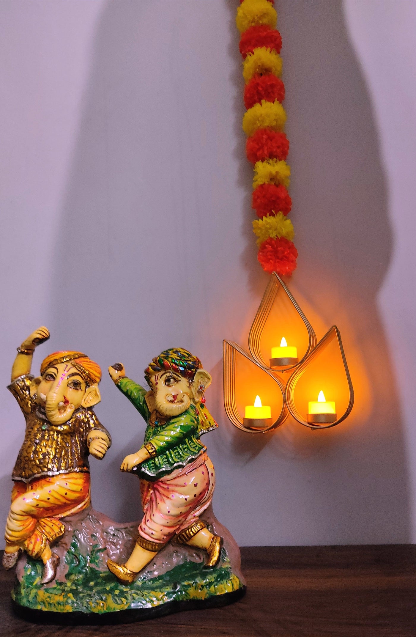 Lamansh hanging candle holder LAMANSH® Gold Plated Tealight Candle Holder attached to Marigold Garland / Wall Hanging Metal Wall Candle holder for Diwali Lighting Home Decoration / Ganpati Mandap & Pooja Wall decoration