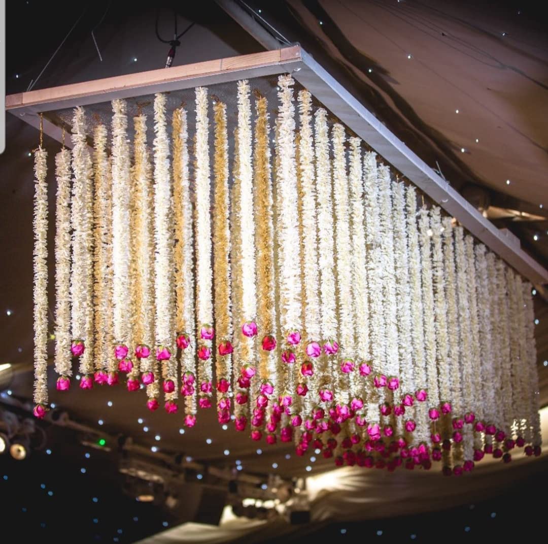 LAMANSH jasmine hangings LAMANSH® (3.5 feet) Pack of 12 Fresh like Artificial Jasmine Flower Hangings with Pink Rose for Diwali ✨ Ganpati Decoration / Decorative Hangings for festival , heena , pooja functions/ Wall Hangings for Home & Pooja Mandir