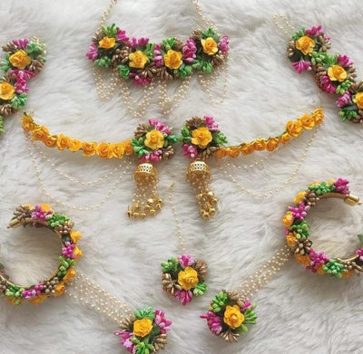 Lamansh jewellery 1 Necklace, 2 Earrings, Bracelet Attached With ring, 2 Anklets & 1 Maangtika Set / Multicolour LAMANSH® Special Haldi Mehendi 🌺 Jewellery Set / Floral Jewellery set