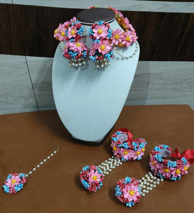 Flower Jewellery set With bracelets, earrings & Maangtika set 