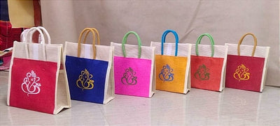 Lamansh jute gift bags LAMANSH® Ganeshji Printed Jute Gift Bags 10 × 9.5 × 4 " Traditional Jute Return Gifts 🎁 Bags for Festive & Wedding ceremony