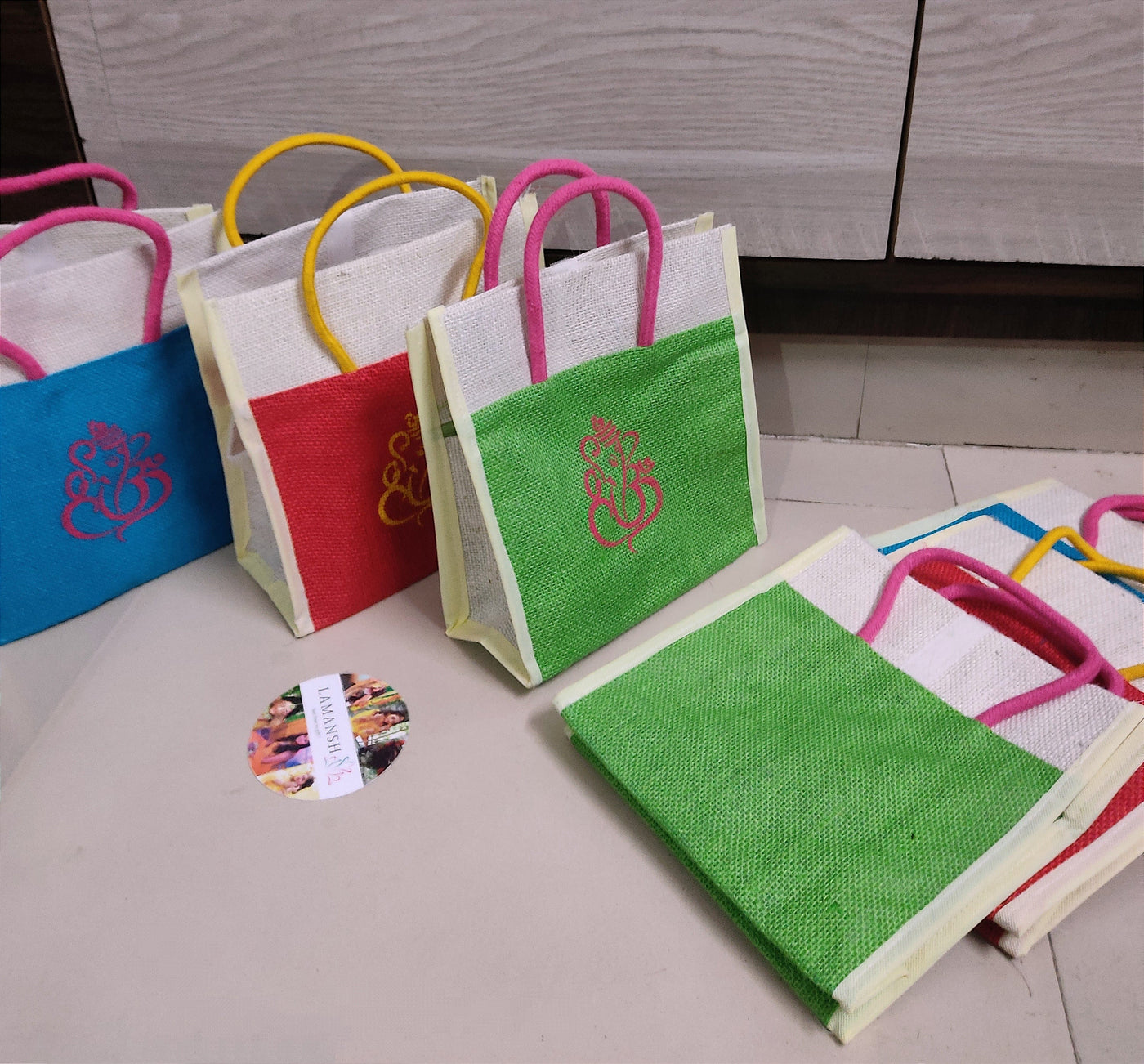 Lamansh jute gift bags LAMANSH® Ganeshji Printed Jute Gift Bags 10 × 9.5 × 4 " Traditional Jute Return Gifts 🎁 Bags for Festive & Wedding ceremony