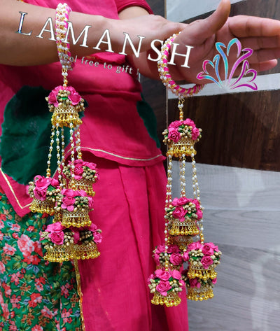LAMANSH Kaleere set Multicolor / Metal / Standard LAMANSH® Punjabi Bridal Kalire PINK FLORAL KALEERE Attached with pearl bangles