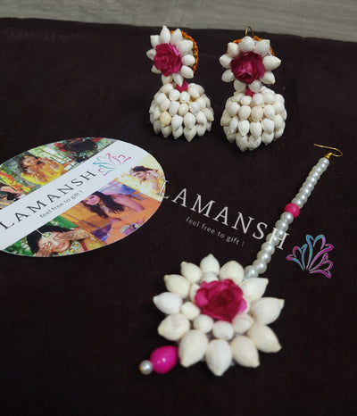 Lamansh katrina kaif set 2 Earrings & 1 Maangtika / Pink White Katrina Kaif's HALDI  inspired LAMANSH® Floral 🌺 Earrings & Maangtika Mogra set / Best for Haldi ceremony