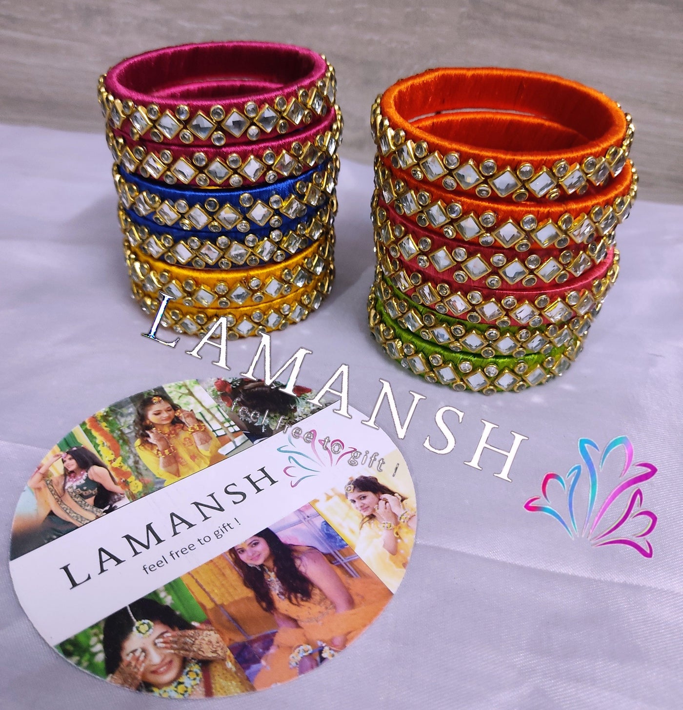 Lamansh kundan thread bangles LAMANSH® Pack of 5 pairs Kundan Indian Thread Bangles in Assorted colors / 15mm Broad Kada Bangle For Festival Wear