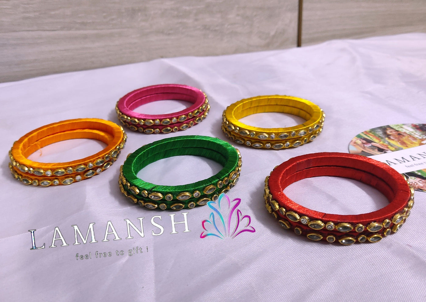 Lamansh kundan thread bangles LAMANSH® Pack of 5 pairs Kundan Indian Thread Bangles in Assorted colors / 7mm Broad Kada Bangle For Festival Wear