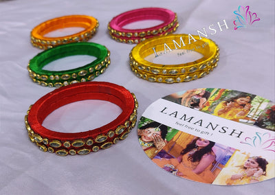 Lamansh kundan thread bangles LAMANSH® Pack of 5 pairs Kundan Indian Thread Bangles in Assorted colors / 7mm Broad Kada Bangle For Festival Wear