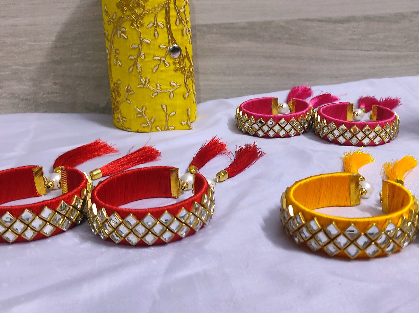 Lamansh kundan thread bangles LAMANSH® Set of 5 Pairs Kundan Indian Thread Bangles in Assorted colors / Silk chudi with hanging tassels / 1 inch Broad Kada Bangle For Festival Wear / Bangles for wedding functions & giveaways