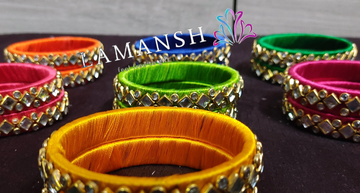 Lamansh kundan thread bangles LAMANSH® (Size 2-6) Kundan Indian Thread Bangles in Assorted colors / 15mm Broad Kada Bangle For Festival Wear