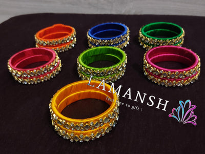 Lamansh kundan thread bangles LAMANSH® (Size 2-6) Silk Kundan Indian Thread Bangles in Assorted colors / 15mm Broad Kada Bangle For Festival Wear