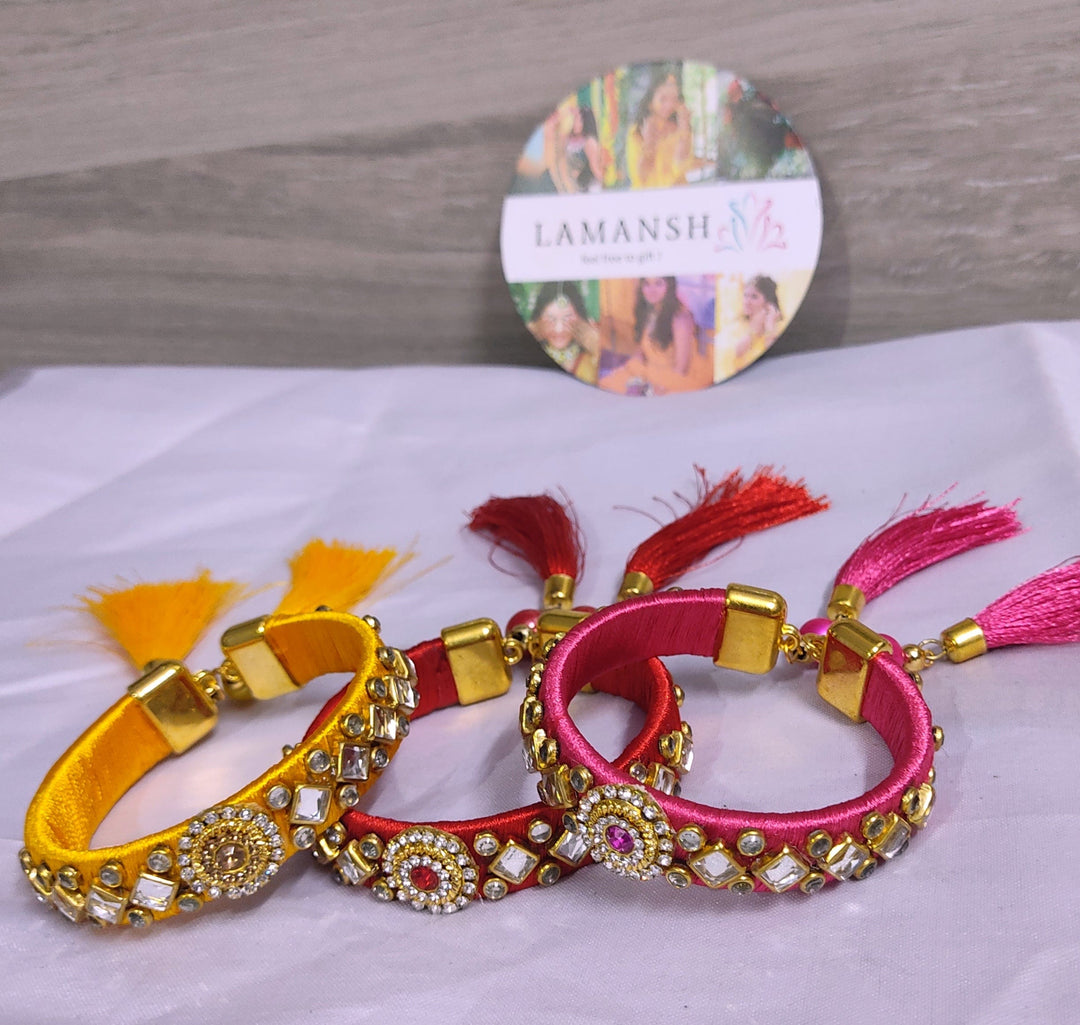 LAMANSH Free size Silk Kundan Indian Thread Bangles with hanging