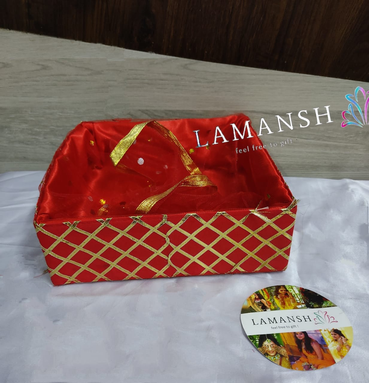 LAMANSH LAMANSH®(10*10 inch) Gota Line Checked Design Hampers , Fancy Storage Basket for Wedding/Fruit/Dry fruit