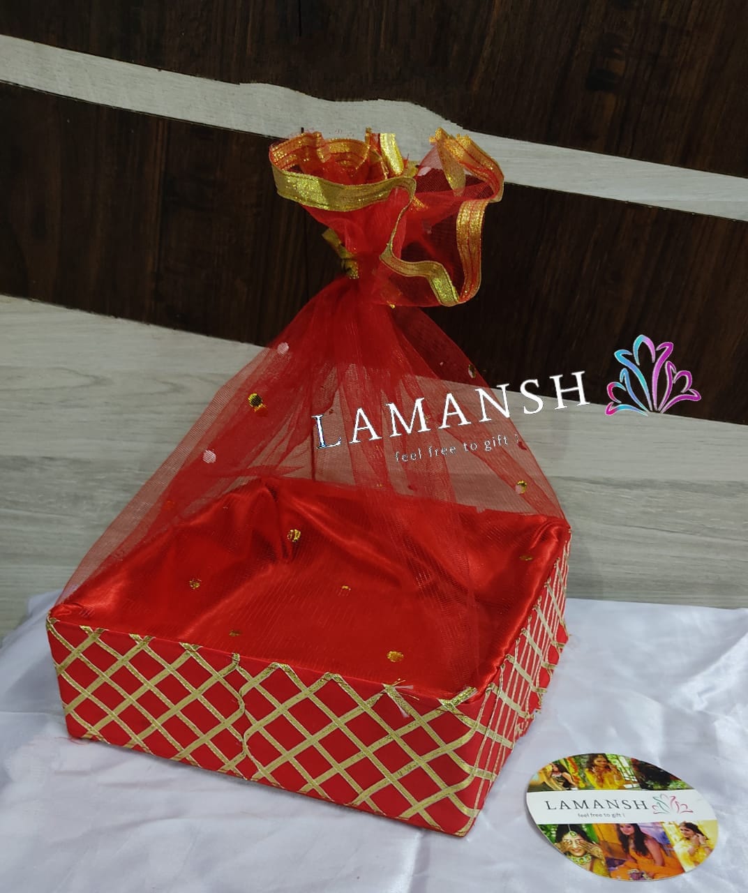 LAMANSH LAMANSH®(10*10 inch) Gota Line Checked Design Hampers , Fancy Storage Basket for Wedding/Fruit/Dry fruit