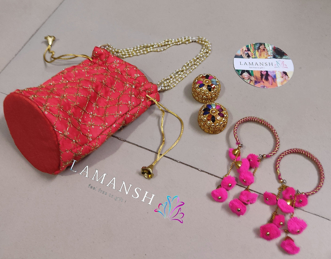 Lamansh LAMANSH® Gift 🎁 Favour Combo ( Set of 1 Potli + 2 Kade Bracelets + 2 Kumkum boxes )
