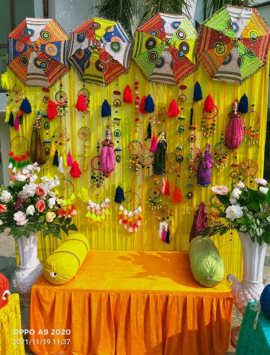 LAMANSH LAMANSH® ( Set of 5 Umbrellas + 5 Pair Kathputli + 10 Pc Gota Round Hangings + 20 Pc Hanging 9" Tassels) Haldi Wedding Decoration, Wedding Decor & Events Decorative Showpiece