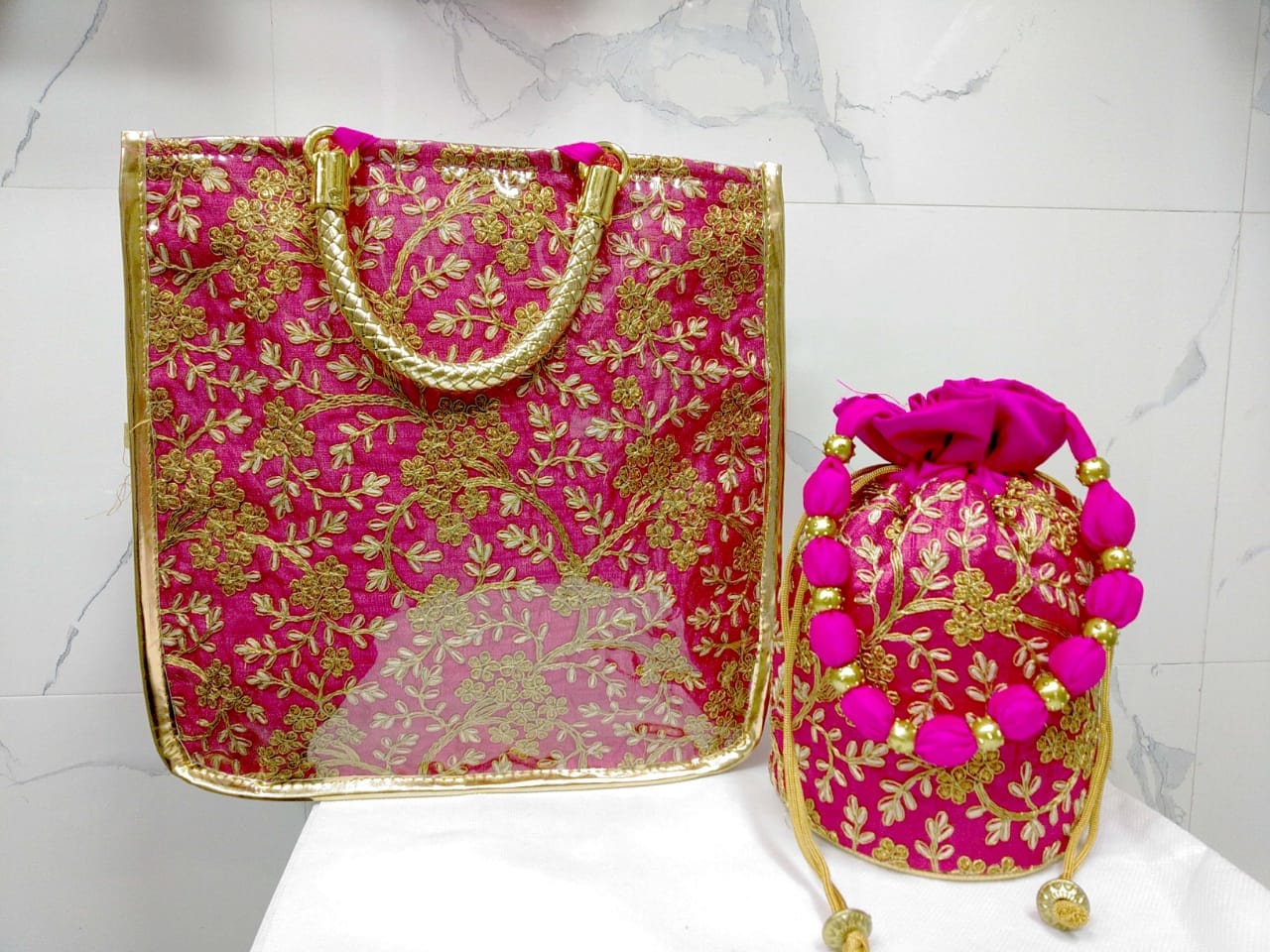 Lamansh LAMANSH Set of Embroidered Poly Hang bag & Batwa Potli / Best combo for Gifting 🎁 / Special giveaways for bridesmaids,wedding function,religious & pooja events
