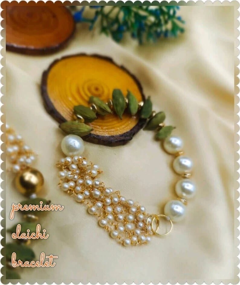 Lamansh LAMANSH® Traditional Pearl Elaichi Bracelet, Haldi Mehendi Sangeet Mehndi Pithi Vatna Jaago Jago Henna Night Dholki Mayoon Party Favours, Puja Gifts /