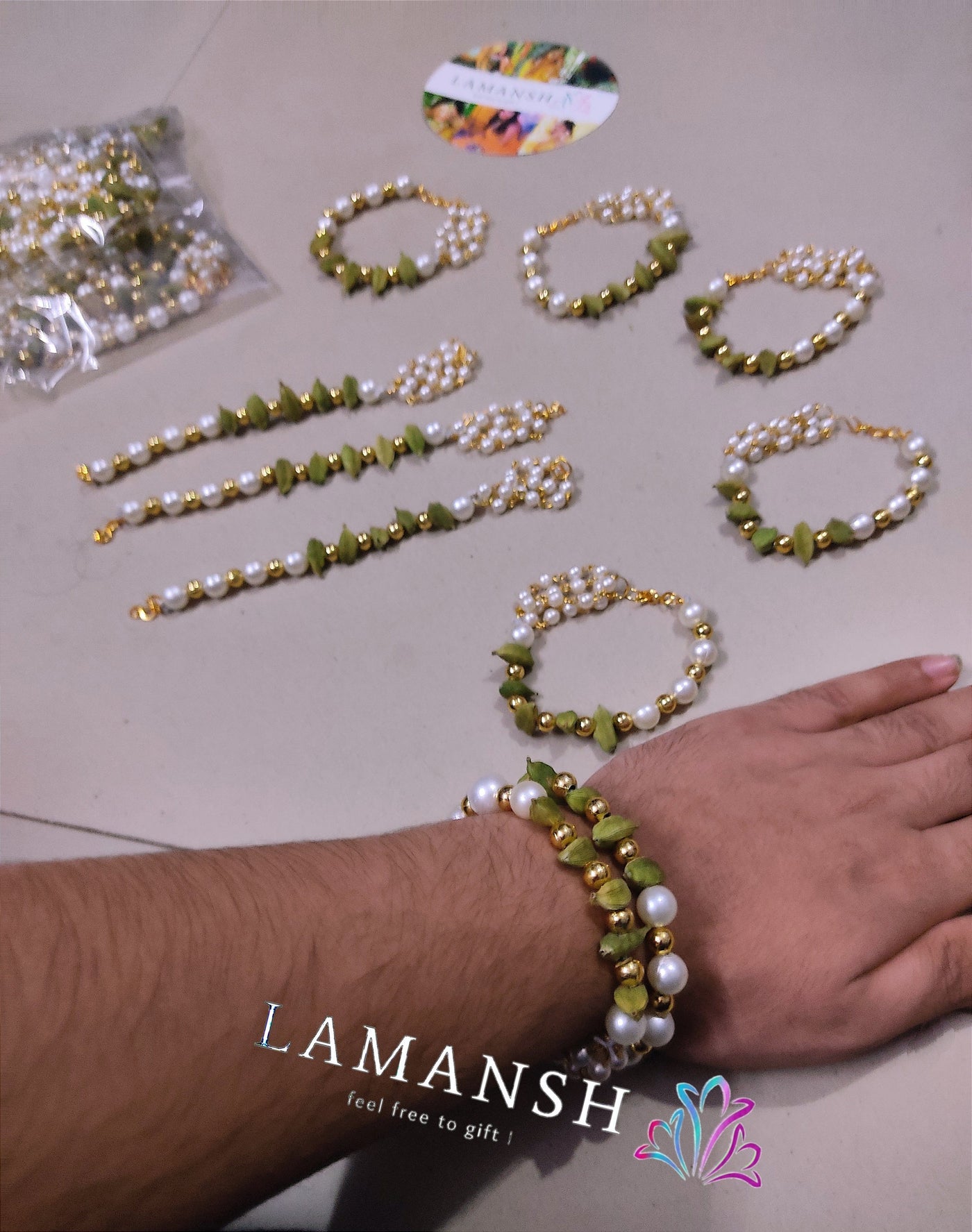 Lamansh LAMANSH® Traditional Pearl Elaichi Bracelet, Haldi Mehendi Sangeet Mehndi Pithi Vatna Jaago Jago Henna Night Dholki Mayoon Party Favours, Puja Gifts /