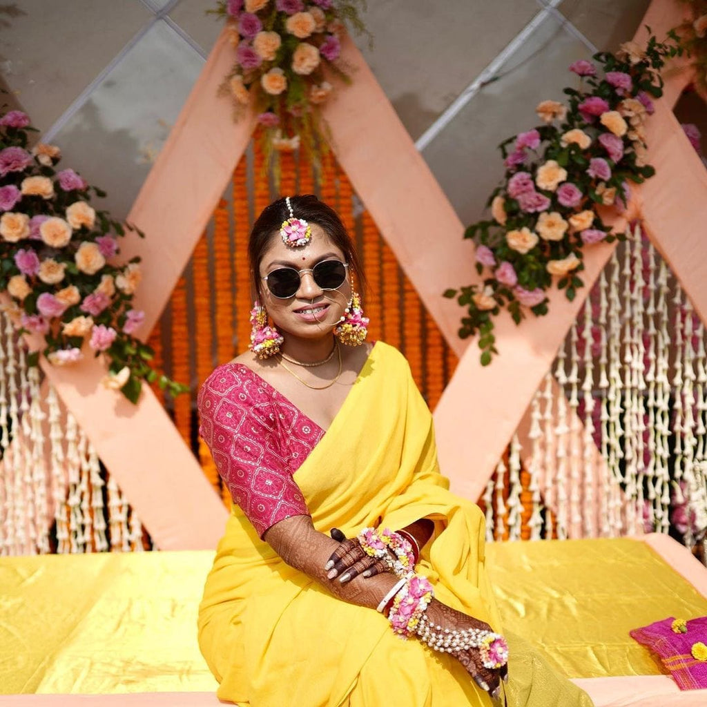 latest yellow saree haldi ceremony dress for bride | Fashionable saree  blouse designs, Traditional indian outfits, Indian designer outfits