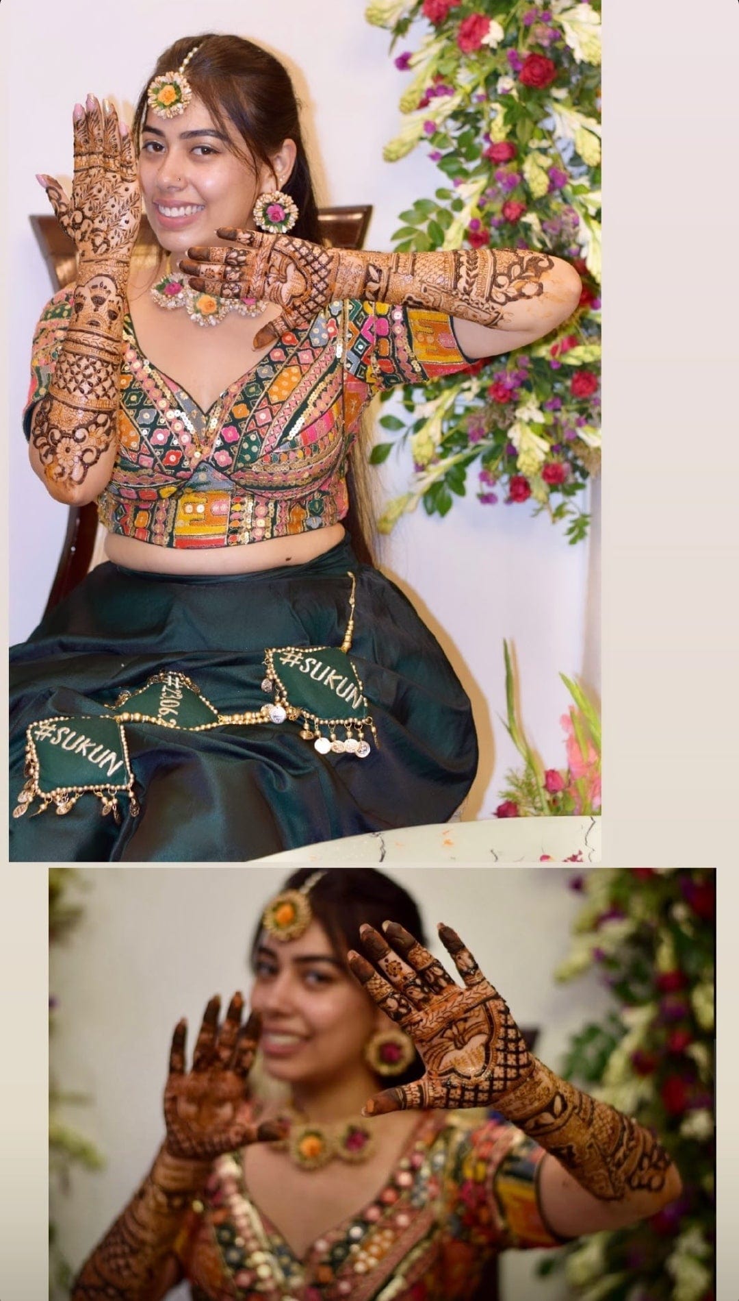 Lamansh latest floral set 1 Choker , 1 Maangtika , 2 Earrings, 2 Bracelets attached with ring set / Orange - Pink - Gold LAMANSH® Artificial Flower jewellery for Mehendi Ceremony