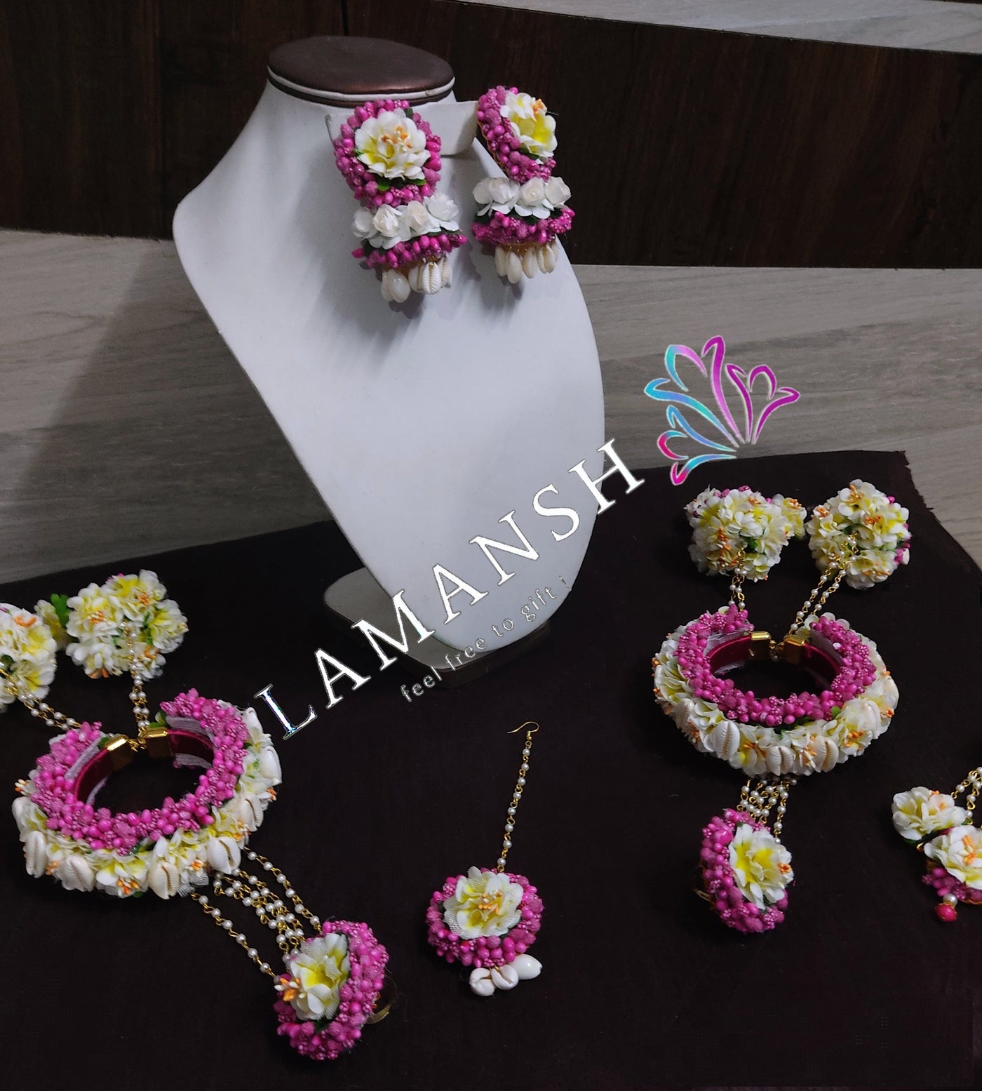 Lamansh latest floral set 1 Hair Paasa , 2 Earrings, 1 Maangtika, 2 Bracelet Attached With Ring & Kaleera set / Pink White LAMANSH® Bridal Flower 🌺 Jewellery set with Kaleera's / Best for Mehendi function