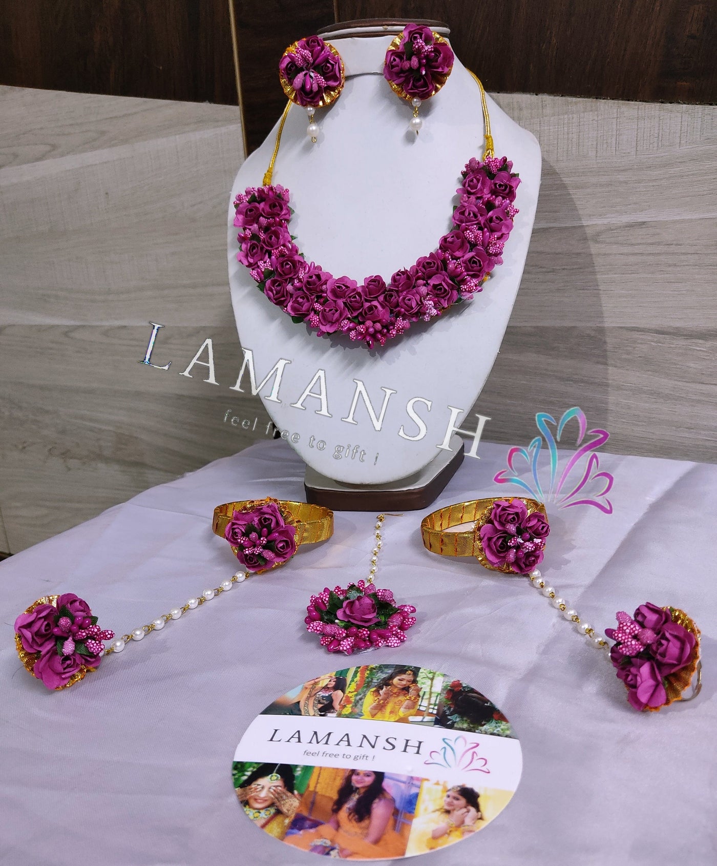 Lamansh latest floral set 1 Necklace , 1 Maangtika , 2 Earrings & 2 Bangles Attached with Ring set / Pink LAMANSH® Artificial Flower Jewellery 🌺 for Haldi Mehndi Set For Women, Girls / Floral Jewellery Set