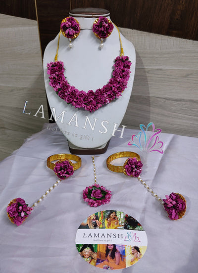 Lamansh latest floral set 1 Necklace , 1 Maangtika , 2 Earrings & 2 Bangles Attached with Ring set / Pink LAMANSH® Artificial Flower Jewellery 🌺 for Haldi Mehndi Set For Women, Girls / Floral Jewellery Set