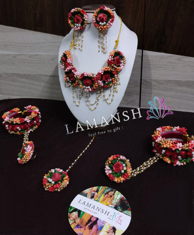 Lamansh latest floral set 1 Necklace , 1 Maangtika , 2 Earrings & 2 Bracelet Attached with Ring set / Red Peach Gold Orange LAMANSH® Artificial Flower Jewellery 🌺 for Haldi Mehndi Set For Women, Girls / Floral Jewellery Set