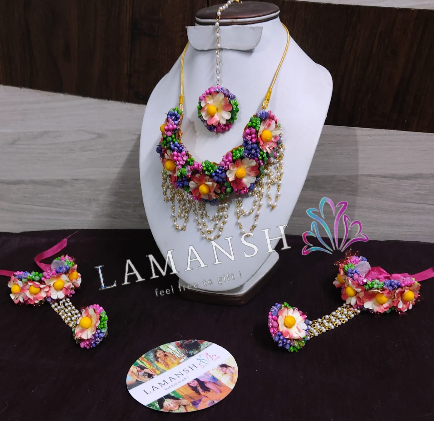 Lamansh latest floral set 1 Necklace, 2 Earrings ,1 Maangtika / Pink-Yellow-green-purple LAMANSH®🌷Flower Jewellery Set For Women & Girls / Haldi Set