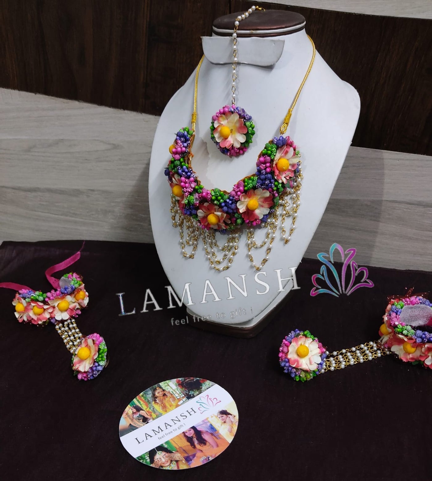 Lamansh latest floral set 1 Necklace, 2 Earrings ,1 Maangtika / Pink-Yellow-green-purple LAMANSH®🌷Flower Jewellery Set For Women & Girls / Haldi Set